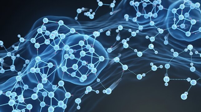 An ultra-detailed molecular render shows liquid water as two interwoven structures: tightly clustered tetrahedral networks and looser disordered molecules, linked by hydrogen bonds; translucent blue