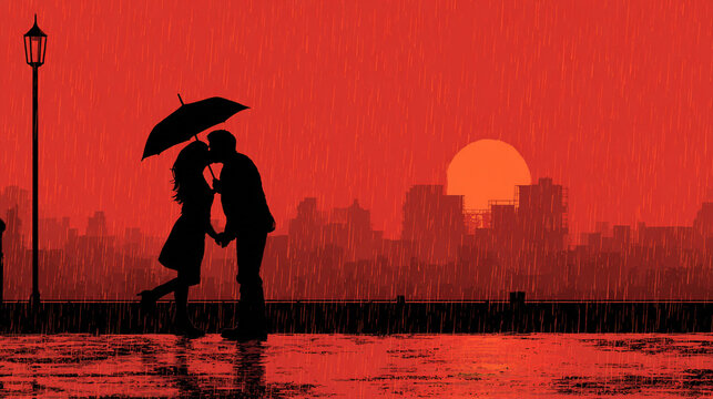 A digital art illustration of a young couple kissing in the rain, silhouetted against a cityscape skyline under a dramatic red sunset sky.