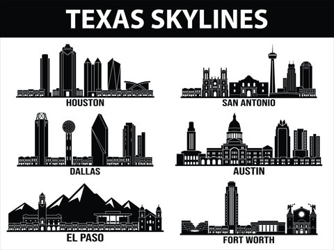 Black Texas city skylines of Houston San Antonio Dallas Austin Fort Worth El Paso
