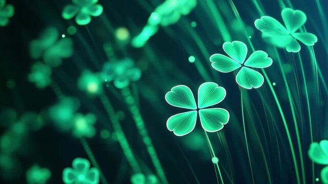 Glowing green four leaf clovers on dark background, magical shamrock luck symbol, Saint Patricks Day celebration design.