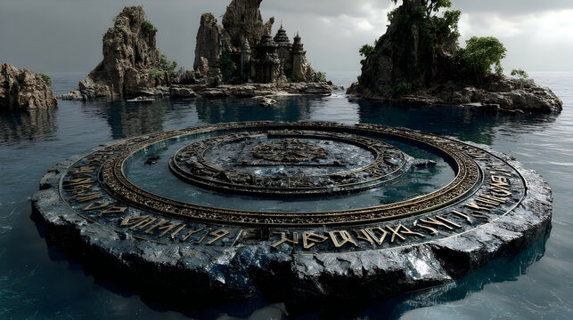 Ancient ocean monument magical runic platform legendary island landscape pictures