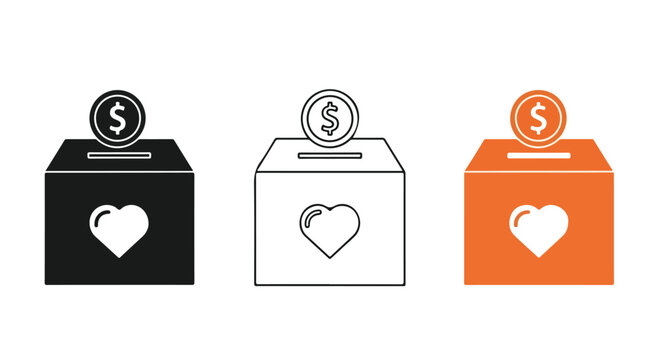 Colorful donation boxes representing charity and generosity in three tones.