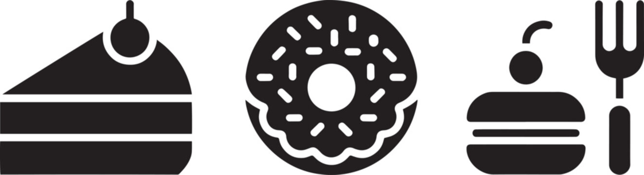 Dessert icons including a cake slice, a donut, and a macaron with a fork are arranged in a horizontal row.