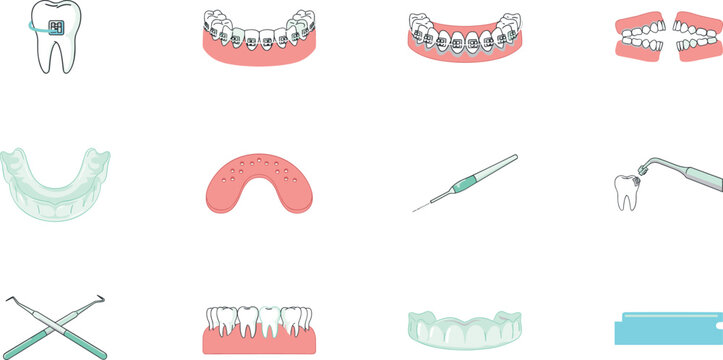 Dental and orthodontics vector icon set featuring teeth braces clear aligners mouth guards dental tools syringe and gums for healthcare and stomatology concepts