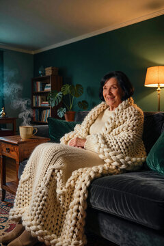 Senior woman sits on dark velvet sofa while wrapped in a thick chunky knit blanket. Warm lamp glow illuminates her face against deep emerald walls in a cozy living room setting.