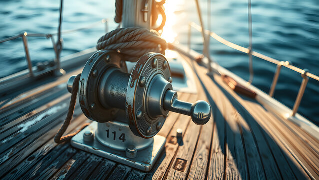 Close-up of a vintage metallic sailboat winch with coiled rope on a weathered wooden deck during golden sunset
