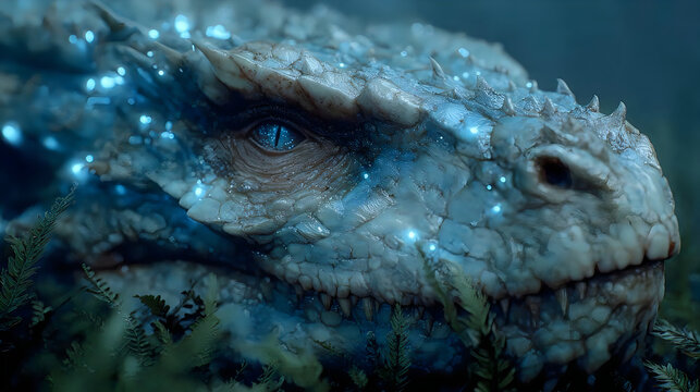 Ancient underwater dragon skull glowing blue magical scales fantasy creature closeup Images