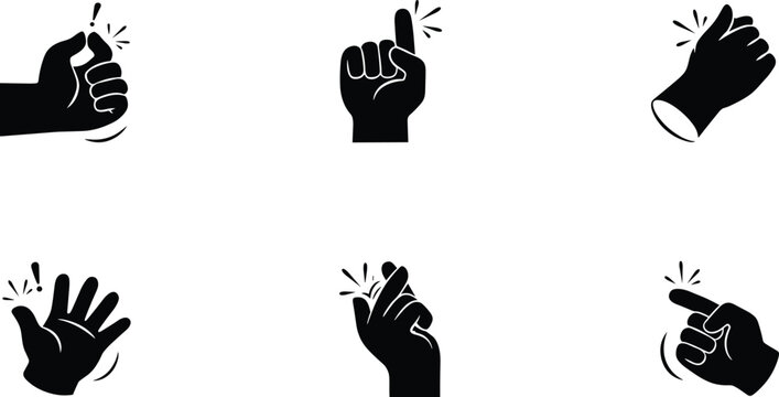 Hand gesture silhouette icon set featuring snapping fingers pointing up fist knocking finger counting finger heart and door knocking sign language symbols