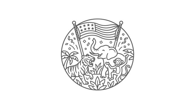 Sleek Black and White Line Art of Circus Animals Celebrating with an American Flag with high quality professional line art symbols for modern creative design and digital branding projects