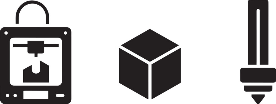 3D printer and geometric cube icons illustrate modern manufacturing and prototyping processes.