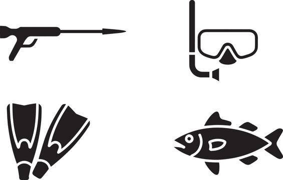 Speargun and snorkeling gear icons represent recreational underwater activities and hunting.