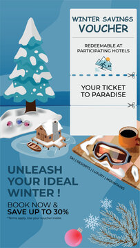 Winter travel savings voucher template with editable text. Vector promo banner for ski resorts and hotels booking with snowy landscape, cozy cabin on frozen lake, pine tree, snowflakes, and goggles.