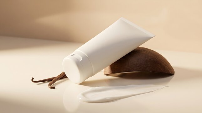 A blank white cosmetic cream tube sitting beside a brown coconut shell and vanilla beans under soft studio lighting