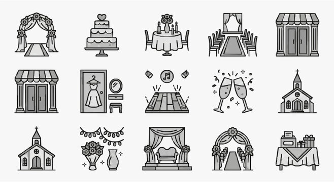 Corporate Wedding and Event Icons Collection Minimalist Black and White Line Art Illustrations of Wedding Elements Venues and Decorations