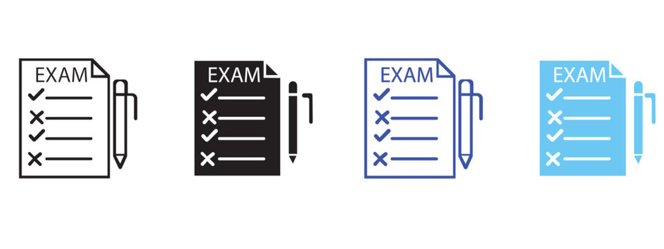 Exam paper icons set with checklist and pen