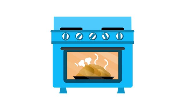 Flat 2D animation showing a whole chicken roasting with steam inside a blue kitchen oven, on white background and green screen.