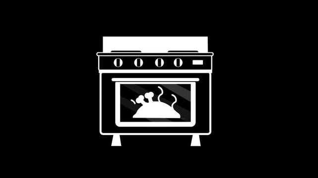 Minimalist white line icon animation of a whole chicken roasting with heat steam lines rising inside a kitchen oven against a solid black background