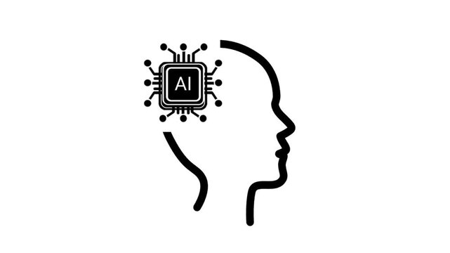 Showing a black minimalist outline of a human head silhouette featuring an AI microchip icon in the brain area over a clean white background.