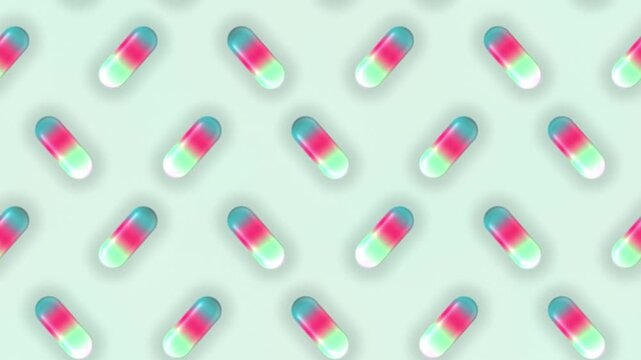 Green Pink Teal Liquid Glass Capsules Motion Background, Smooth Floating Gradient Capsules Animation Seamless Loop, 4K