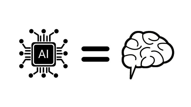 Displaying a minimalist concept graphic where an AI microchip icon is paired with an equals sign next to a human brain outline on a clean white background.
