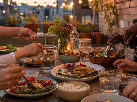 Friends Sharing Healthy Vegetarian Meal on Rooftop Garden at Dusk with Warm Lighting
