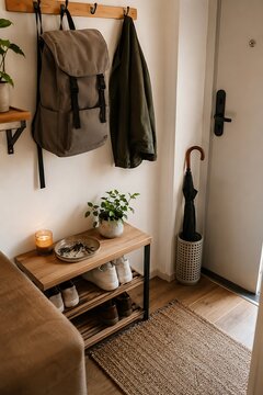 Cozy Minimalist Entryway with Hanging Coats and Indoor Plants in Natural Light
