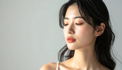 Fototapeta premium 静かな感情を宿した日本人女性のムードビューティーポートレート（余白あり）, Japanese Woman Calm Emotional Mood Beauty Portrait Side Lighting Copy Space