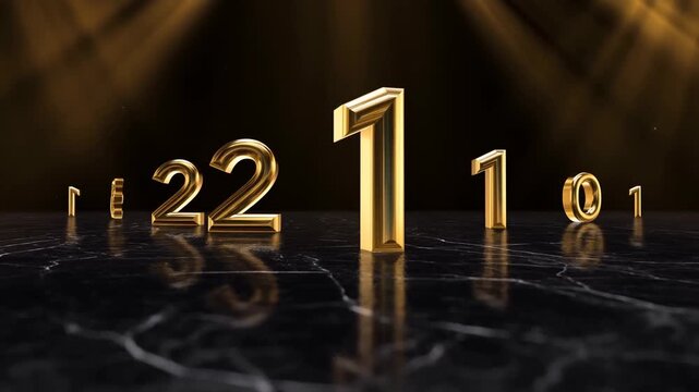 Golden 3D Numbers Rotating on a Reflective Black Marble Surface