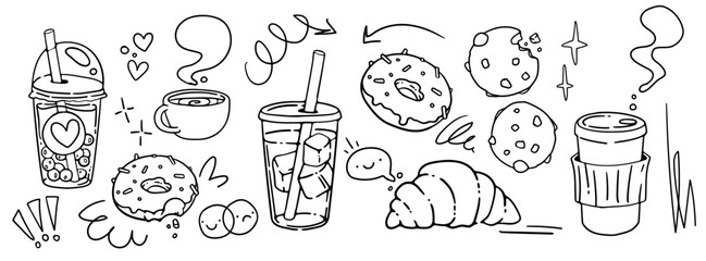 Cute coffee shop doodle set. Hand drawn cappuccino, iced latte, bubble tea, croissant, donut and cookie. Vector illustration isolated on white background. © narisofka