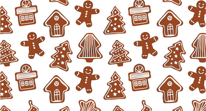 Christmas gingerbread cookies seamless pattern with gingerbread man houses and pine trees holiday winter decoration vector illustration background