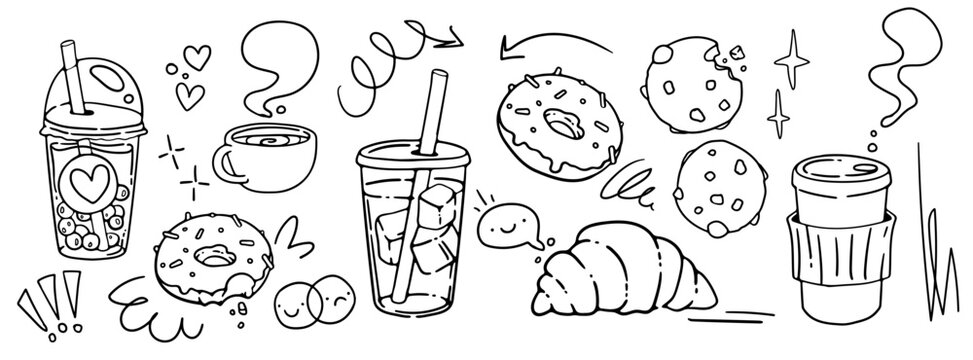 Cute coffee shop doodle set. Hand drawn cappuccino, iced latte, bubble tea, croissant, donut and cookie. Vector illustration isolated on white background.