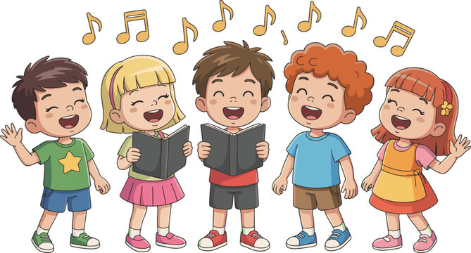 Children choir singing music illustration set featuring cute diverse kids holding books with musical notes for school performance concert church and youth festival themes