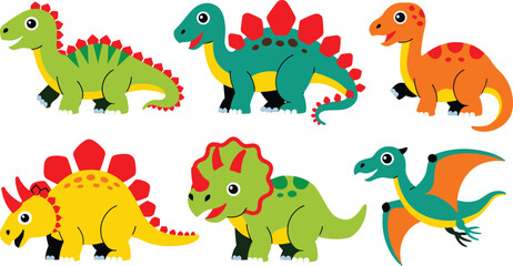 Fototapeta premium Cute cartoon dinosaur character collection with triceratops stegosaurus pterodactyl for kids education playful vector illustration isolated set