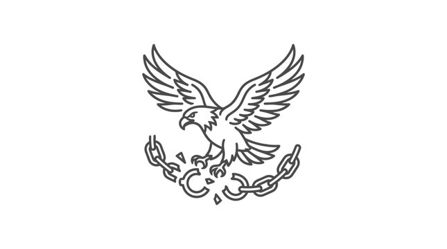 Elegant Black and White Line Drawing of a Powerful Eagle Gripping Broken Chains Symbolizing Freedom and Justice
