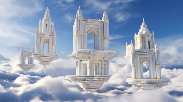 Fantasy floating white castles with golden details hovering above clouds