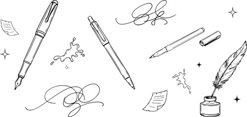 Writing instruments line icon set featuring luxury fountain pen ballpoint pen fineliner quill feather inkwell signature flourishes ink splatters and parchment paper curls © KHATUN