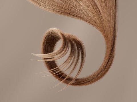 A single strand of brown hair curls elegantly against a neutral background, showcasing its texture and natural movement.