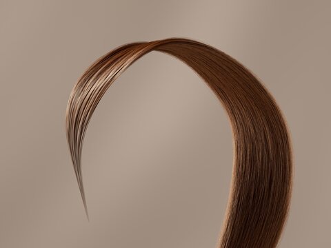 A single strand of brown hair curves elegantly against a soft beige background, showcasing smooth texture and natural shine. 3d render illustration.