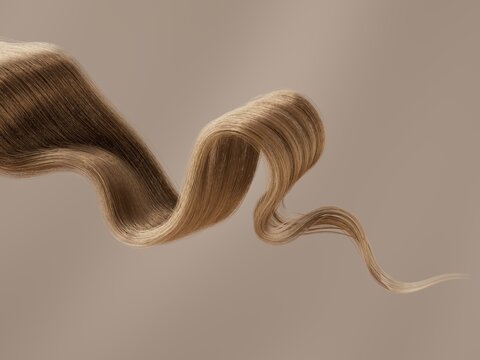A flowing strand of golden hair twists elegantly against a soft beige background. 3d render illustration.