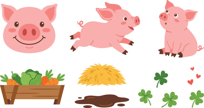 Cute cartoon pink pig vector illustration set featuring smiling face running piglet sitting pig farm vegetables hay mud puddle and green clovers.