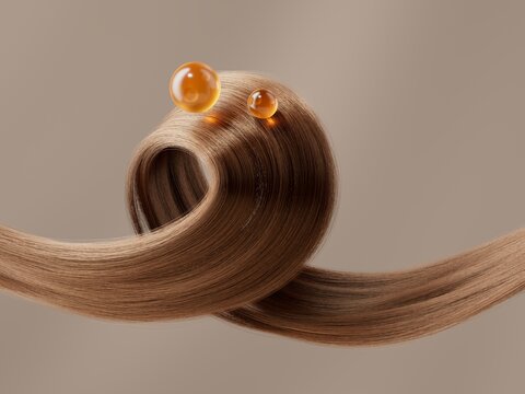 A smooth, golden-brown hair strand curls elegantly, topped with two glistening amber spheres that reflect light.