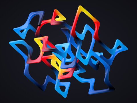 Abstract shapes intertwine in vibrant red, yellow, and blue against a dark backdrop. 3d render illustration.