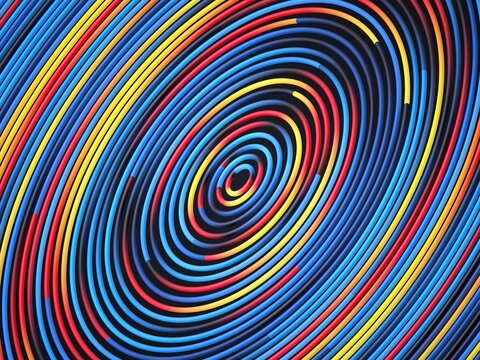 Vibrant neon tubes spiral inward, creating a mesmerizing tunnel effect with bold red, blue, and yellow colors. 3d render illustration.