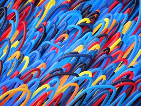 Vibrant abstract art features swirling blue, red, yellow, and black shapes creating a dynamic, textured pattern. 3d render illustration.