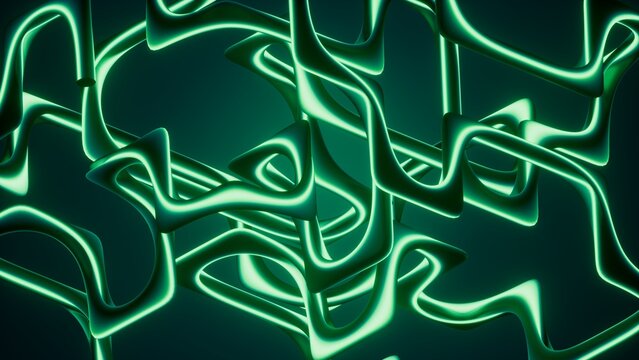 Tangled glowing green lines form a vibrant abstract network on a dark background. Ideal for themes of data flow, connectivity, and digital complexity.