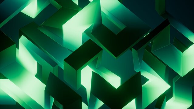 Bright green angular blocks build a dynamic abstract 3D composition. Futuristic background suited for tech visuals, presentations, and motion graphics.