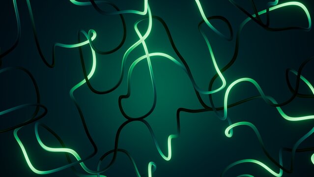 Thin neon green lines weave across a dark abstract surface with soft glow. Atmospheric background for network, coding, and digital technology concepts.