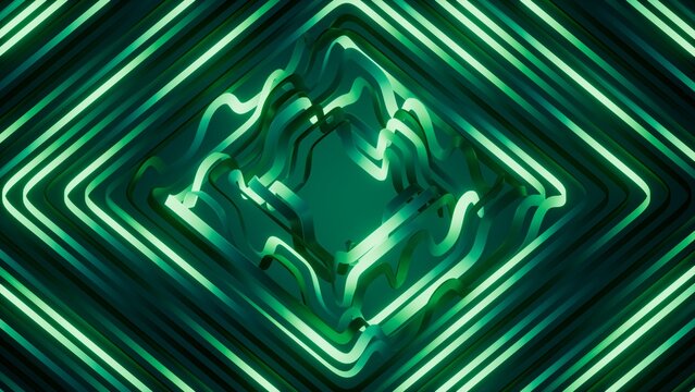 Glowing green diamond pattern creates a sleek futuristic tunnel effect. Strong abstract background for cyber, data, and modern technology themes.