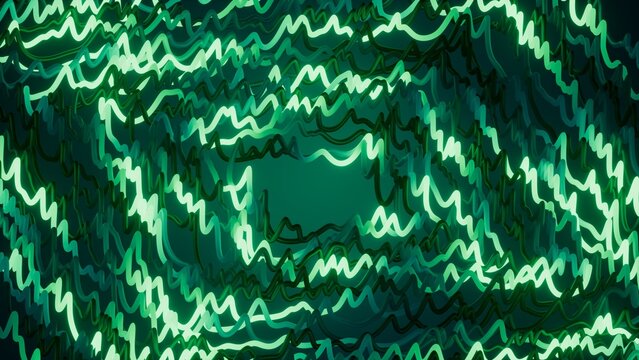 Distorted glowing green waves build a vibrant abstract digital texture. Bold futuristic background for sound, signal, energy, and tech visuals.