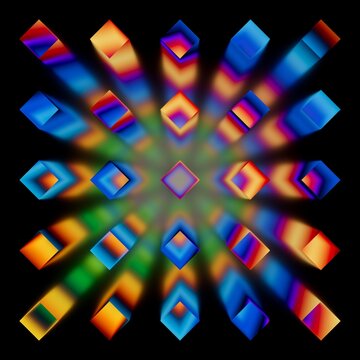 Abstract kaleidoscopic background. Symmetrical abstract pattern of square geometric shapes with vivid gradients. 3D render illustration.